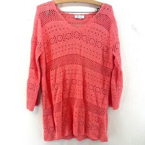 D&Co Coral Crochet Dress M Cover Up Swim V Neck Bell Sleeve Tunic Beach Vacation